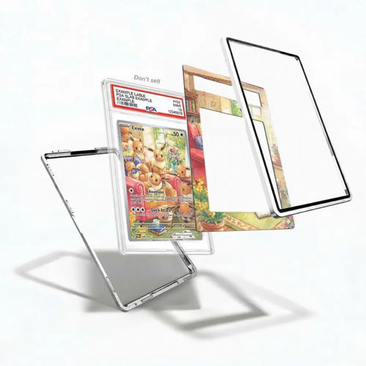 Set of trading card protective cases on a white background