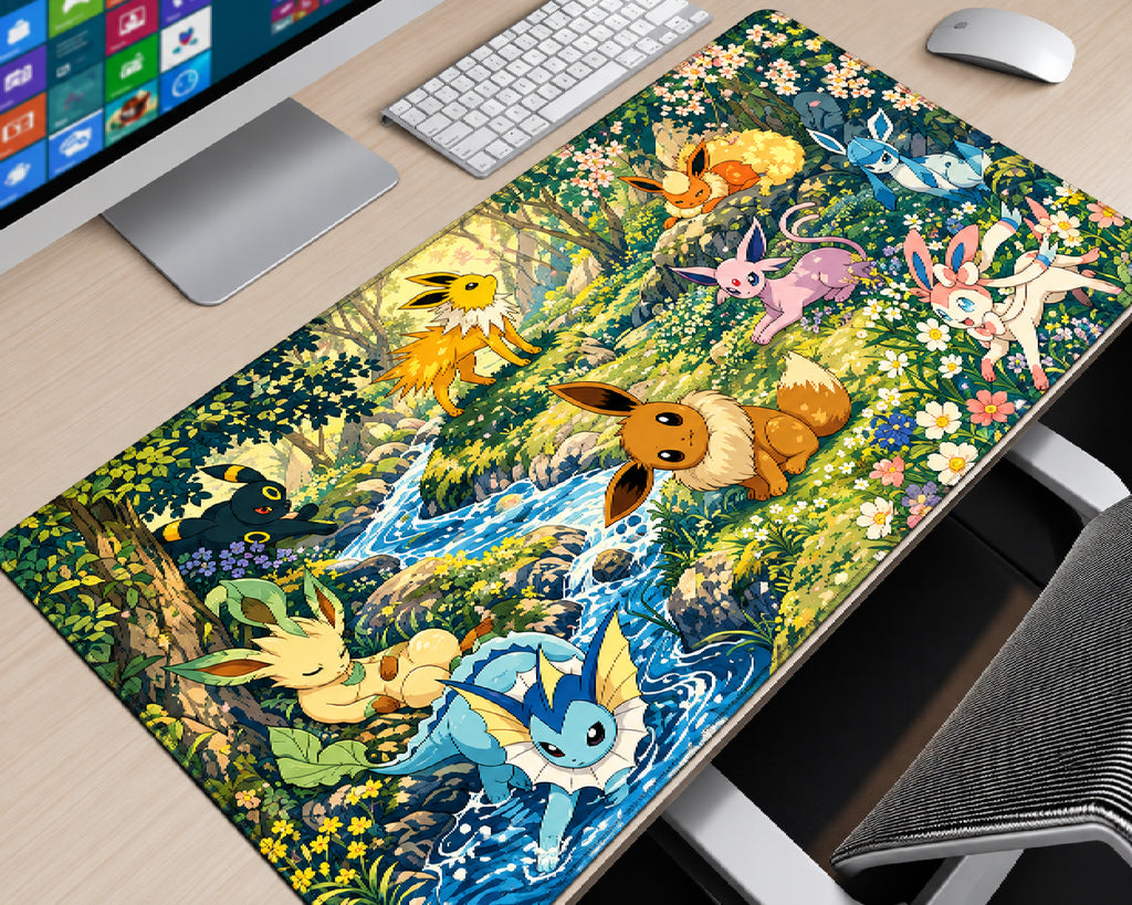 A large desk mat featuring a colorful illustration of various Pokémon Eeveo family members in a lush forest stream scene, shown on a light wood desk next to a keyboard, mouse, and computer monitor.