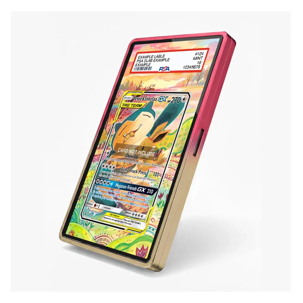 A smartphone case shown at an angle on a light gray background. The case has a gold-toned lower half and a pink-to-red gradient upper half, with a colorful Pokémon card artwork displayed on the phone screen.