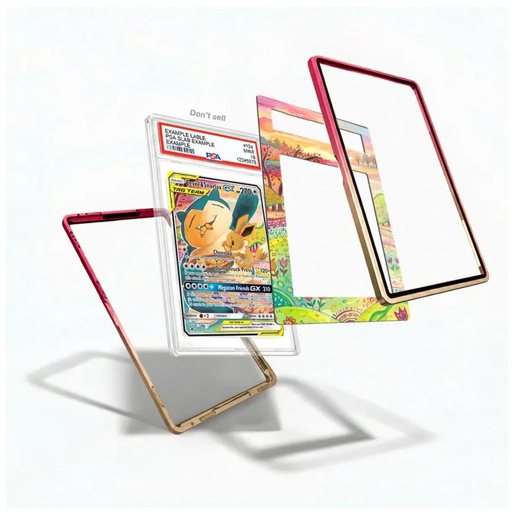 Three transparent acrylic card sleeves with colorful printed borders are displayed on a white background, with one sleeve holding a Pokémon trading card. The sleeves are shown in different angles to demonstrate their clear, flexible design.