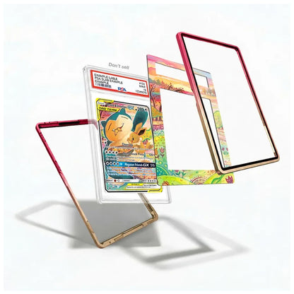 Three transparent acrylic card sleeves with colorful printed borders are displayed on a white background, with one sleeve holding a Pokémon trading card. The sleeves are shown in different angles to demonstrate their clear, flexible design.