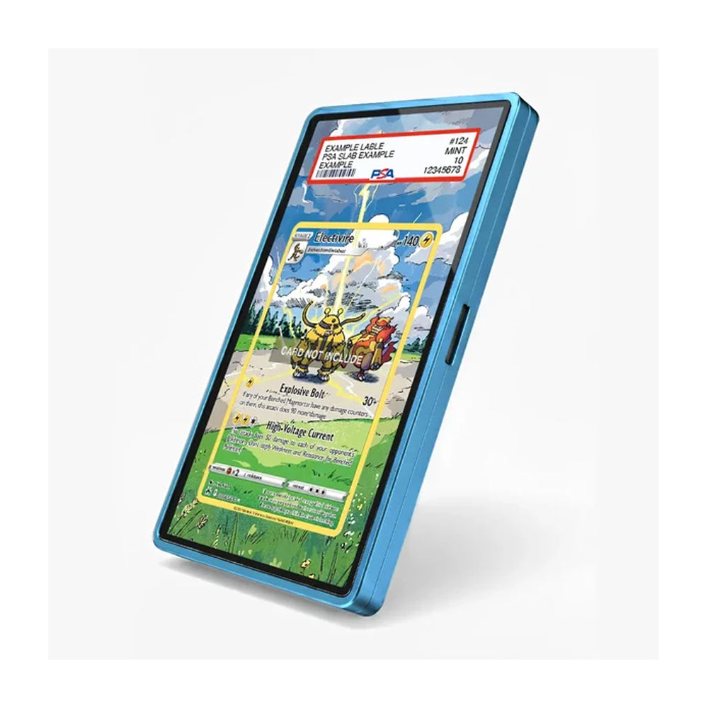 A blue protective phone case shown on a smartphone, with a printed sample card overlay on the screen. The case has a slim profile and side button cutout, photographed on a clean white background.