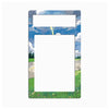 A rectangular picture frame with rounded corners, featuring an illustrated outdoor landscape border. The design shows a blue sky with white clouds, a yellow lightning bolt, green grass, and trees.