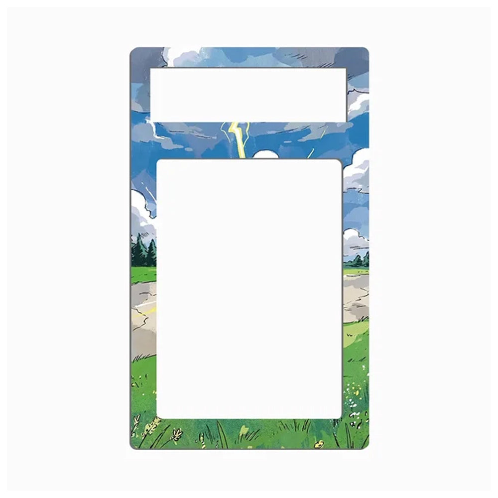 A rectangular picture frame with rounded corners, featuring an illustrated outdoor landscape border. The design shows a blue sky with white clouds, a yellow lightning bolt, green grass, and trees.