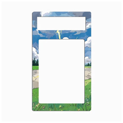 A rectangular picture frame with rounded corners, featuring an illustrated outdoor landscape border. The design shows a blue sky with white clouds, a yellow lightning bolt, green grass, and trees.