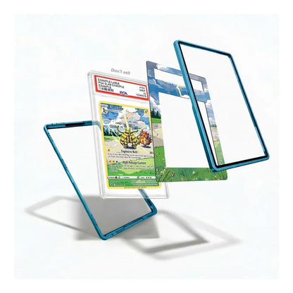 A set of Pokémon trading card sleeves and protective cases shown floating on a white background, with a graded card partially inserted into one sleeve. The products feature a translucent blue border and printed scenic designs including mountains, sky, and grass.