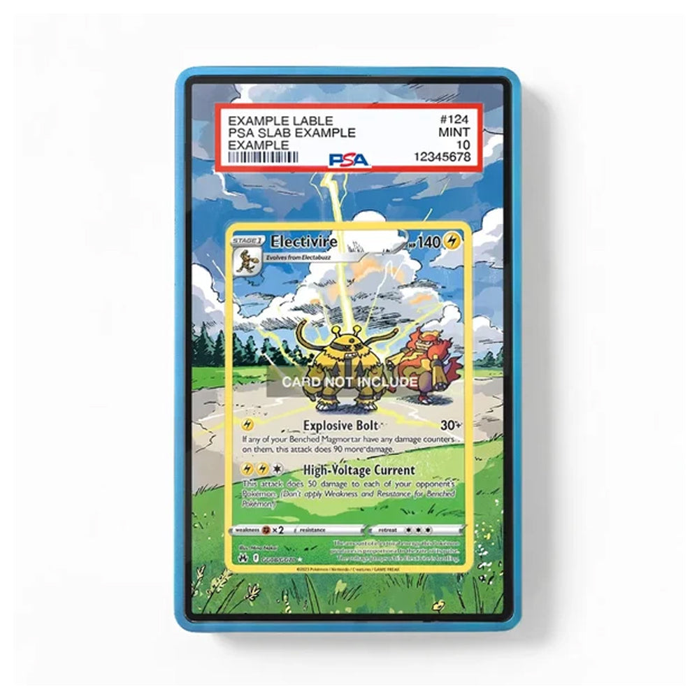 A framed or bordered sample lab card with a printed illustration of a Pokémon-style card featuring Electrike, plus a PSA grading label at the top. This is a clean product-style presentation on a white background, with no person, animal, or real environment visible.