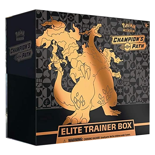 Pokémon Champion's Path Elite Trainer Box with dragon design on black background