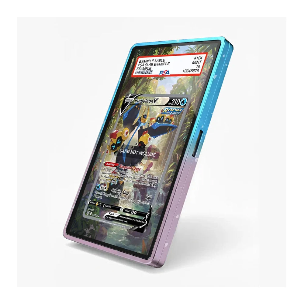 A slim rectangular electronic device with a glossy transparent front and a metallic blue-to-purple edge, shown at an angle on a light gray background. The screen displays colorful graphic artwork and text, including a red label near the top.