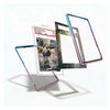 Three transparent protective card cases with colorful gradient borders (blue-to-pink, blue-to-purple, and multicolor camouflage) are shown floating around a graded Pokémon TCG card in a clear plastic slab on a white background.