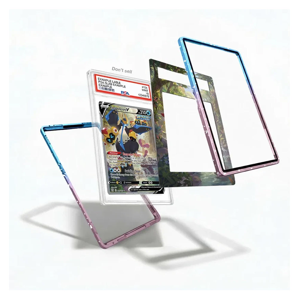 Three transparent protective card cases with colorful gradient borders (blue-to-pink, blue-to-purple, and multicolor camouflage) are shown floating around a graded Pokémon TCG card in a clear plastic slab on a white background.