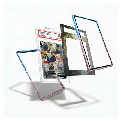 Three transparent protective card cases with colorful gradient borders (blue-to-pink, blue-to-purple, and multicolor camouflage) are shown floating around a graded Pokémon TCG card in a clear plastic slab on a white background.