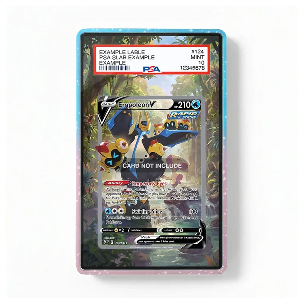 A PSA graded protective card slab containing a Pokémon Empoleon V card, shown against a plain white background. The slab has a light blue and pink gradient border, and the PSA grading label is visible at the top.