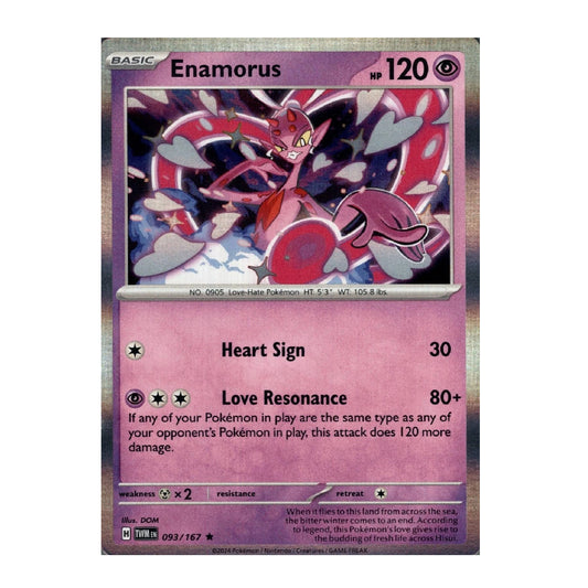 A single Pokémon trading card for Enamorus from the Basic set, shown against a plain white background. The card features a pink and purple interface with artwork of the pink bird Pokémon in the center.