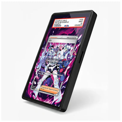 A black rectangular tablet or phone-like device shown at an angle on a light gray background, with a colorful illustrated screen displaying anime-style characters and card-like UI elements.