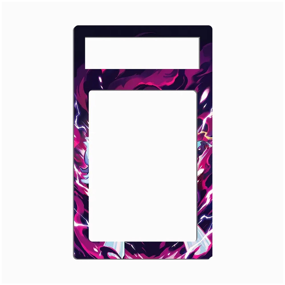 A rectangular metal plate frame with a vibrant purple, pink, and black abstract fluid marble pattern, shown on a plain white background.