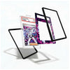 Three clear acrylic card sleeves with black borders are arranged floating against a white background, with one sleeve containing a graded holographic trading card. The card insert shows a colorful anime-style illustration with a PSA grading label visible.