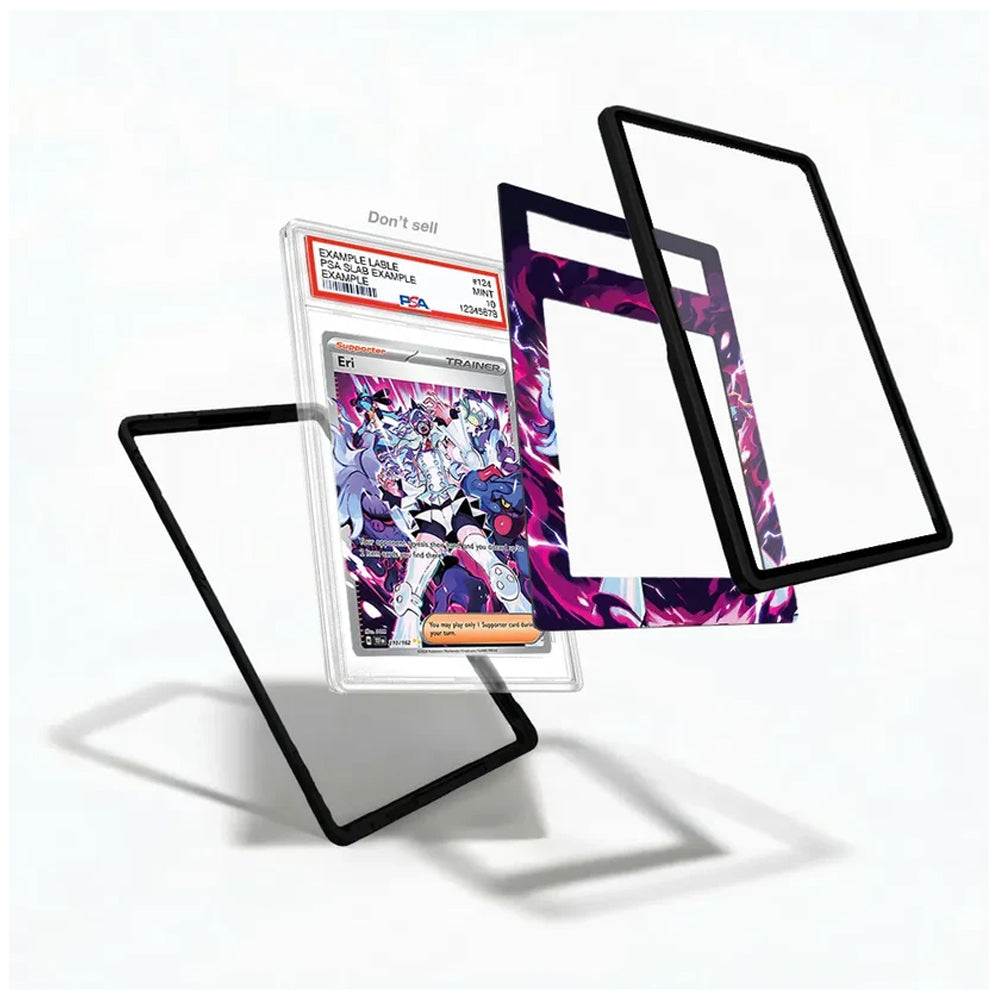 Three clear acrylic card sleeves with black borders are arranged floating against a white background, with one sleeve containing a graded holographic trading card. The card insert shows a colorful anime-style illustration with a PSA grading label visible.