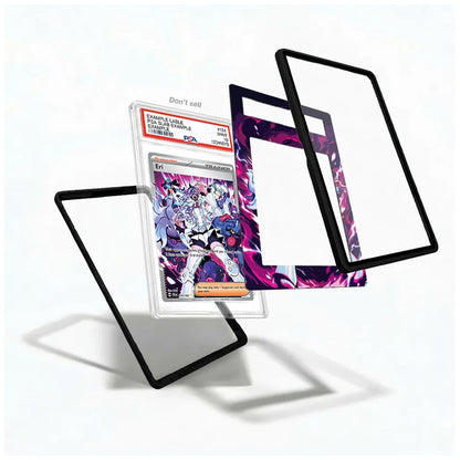 Three clear acrylic card sleeves with black borders are arranged floating against a white background, with one sleeve containing a graded holographic trading card. The card insert shows a colorful anime-style illustration with a PSA grading label visible.
