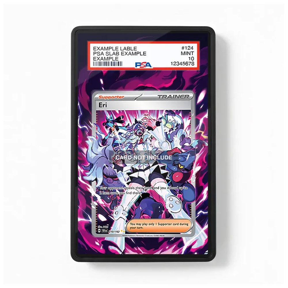 A black PSA grading slab showing a Pokémon Trainer card sample labeled 'Eri' with a PSA slab certification header at the top, photographed against a plain white background.
