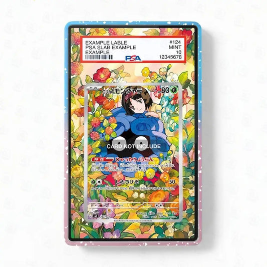 Pokémon trading card in a protective case on a white background