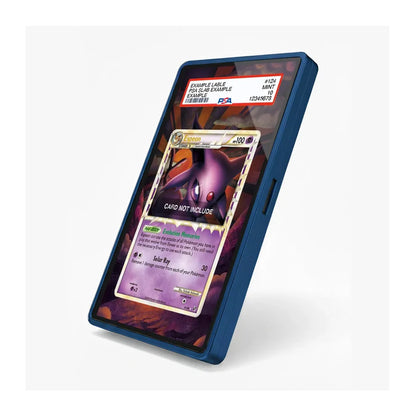 A blue protective phone case shown at an angle on a light gray background, with a mockup of a Pokémon card displayed on the screen.