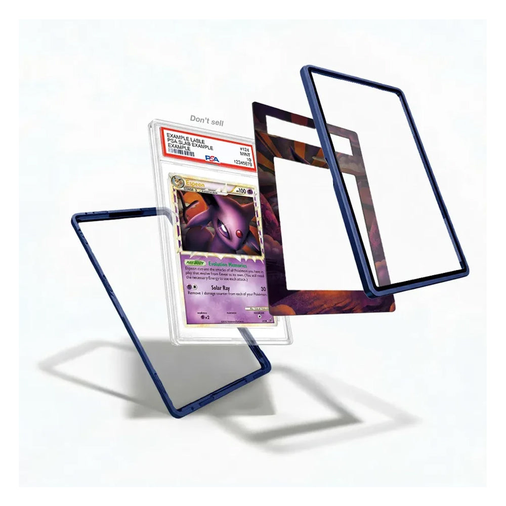 A clear protective card case with a dark blue border, shown holding a graded Pokémon TCG card. The product is displayed in multiple angles against a clean white background.