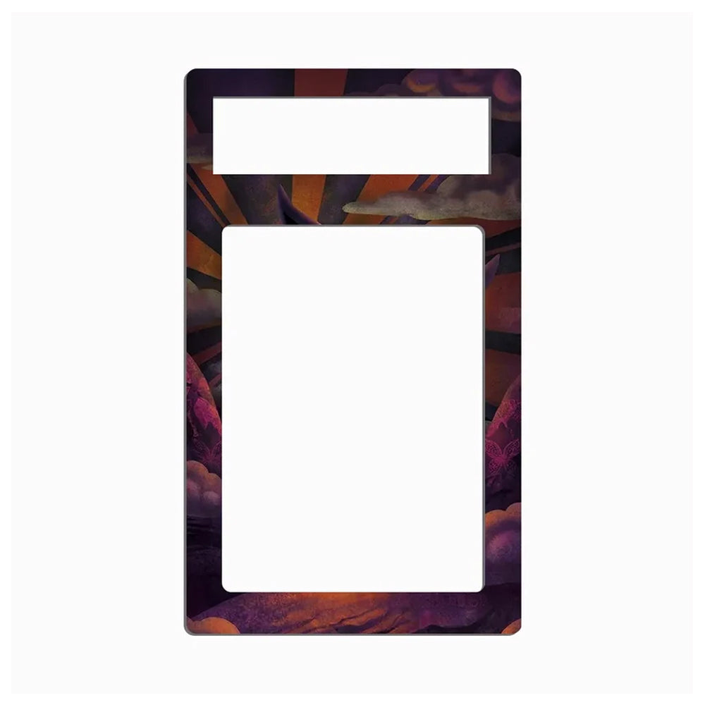 A decorative phone case or frame insert with a large blank white center and a colorful abstract border featuring purple, orange, and dark tones, shown on a plain white background.