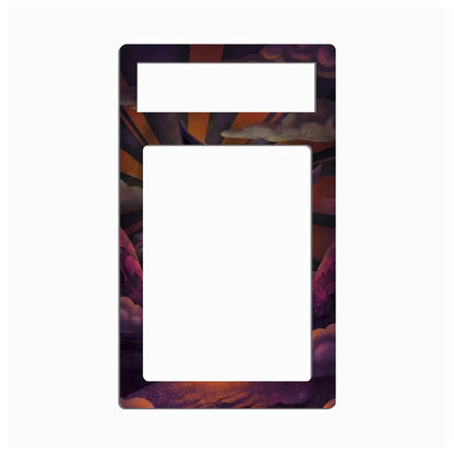 A decorative phone case or frame insert with a large blank white center and a colorful abstract border featuring purple, orange, and dark tones, shown on a plain white background.