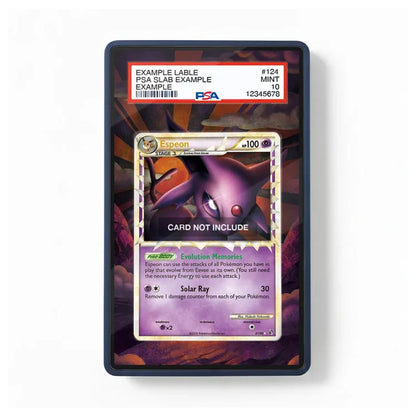 A PSA slab-protected Pokémon trading card shown in a clear display case against a white background. The slab label at the top reads EXAMPLE LABE / PSA SLAB EXAMPLE / EXAMPLE / 12345678 / MINT 10, and the card artwork features a purple character on a dark patterned background.