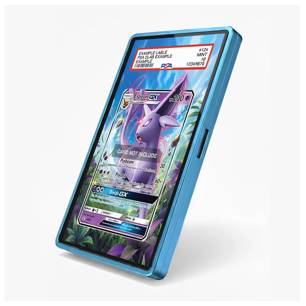 A blue protective case for a tablet, shown standing upright at an angle on a light gray background. The screen of the tablet displays a sample PSA grading label and a Pokémon Eevee card, demonstrating that the label is excluded from the case's design.
