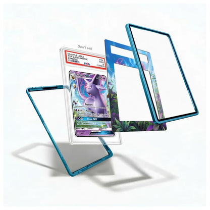 A clear protective case with a metallic teal-blue border, shown with a graded Pokémon Eevee card inside and two additional empty matching cases floating behind it on a clean white background.