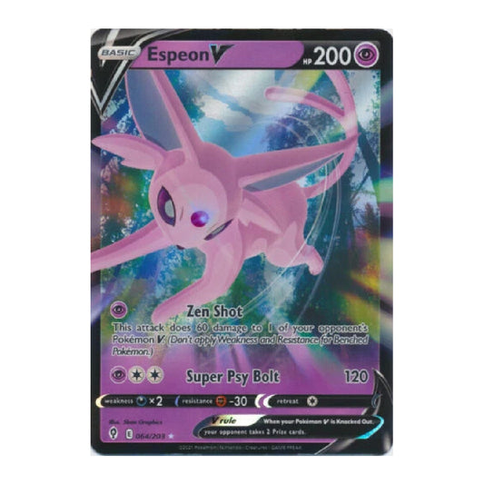 A holographic Pokémon TCG card featuring Espeon V, a pink psychic fairy with a purple eye, set against a dark background with rainbow iridescent reflections.