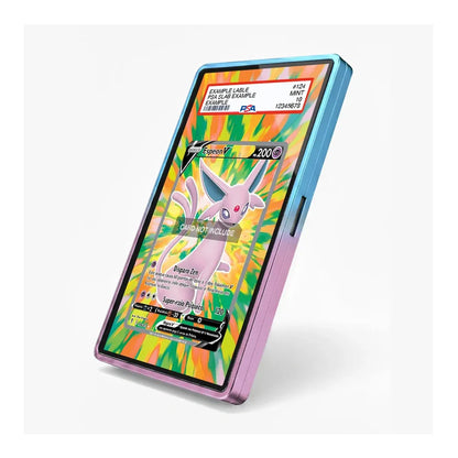 A slim rectangular tablet or e-reader device shown standing upright at an angle on a light gray background. The bezel and outer frame are translucent and color-shifting, appearing blue on one side and pink on the other, with a multicolor screen displaying a Pokémon card design.