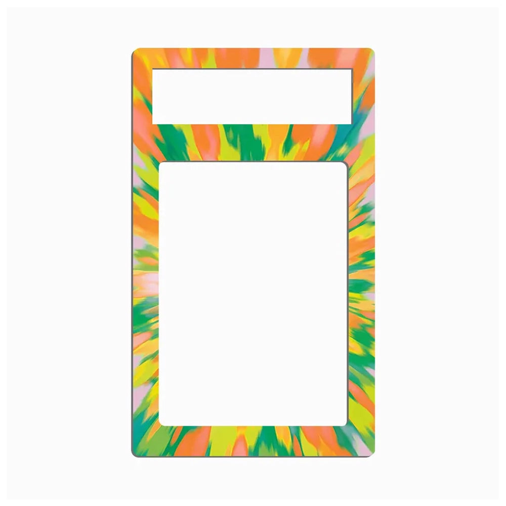 A rectangular phone case frame or decorative border with a colorful tie-dye pattern in orange, green, yellow, pink, and white, shown on a plain light gray background.