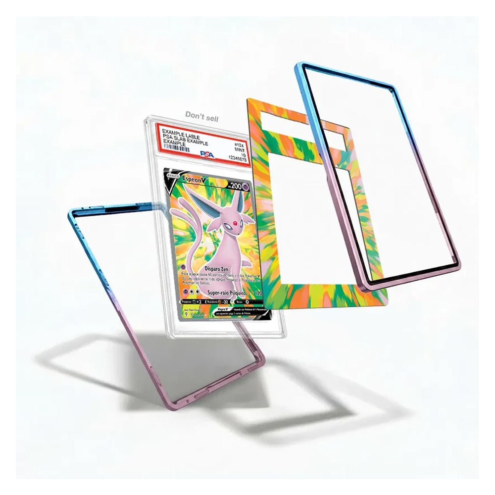 Three clear protective phone cases with colorful metallic borders are displayed on a white background, with one case holding a graded Pokémon Eevee card.