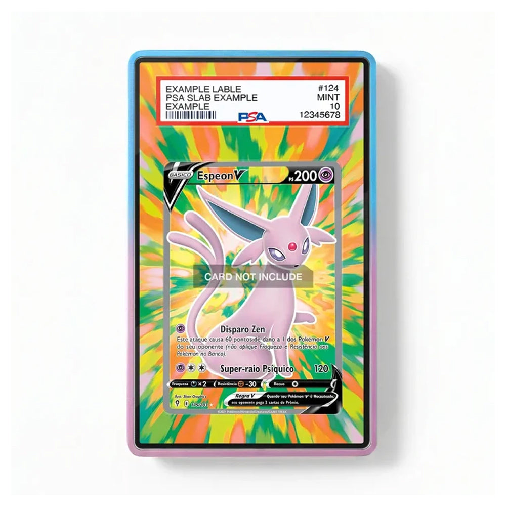 A collectible holographic trading card featuring Eevee, displayed in a clear protective case with a blue-to-purple gradient border. The card has a vibrant green, yellow, and orange tie-dye background, a white top label, and a silver holographic border.