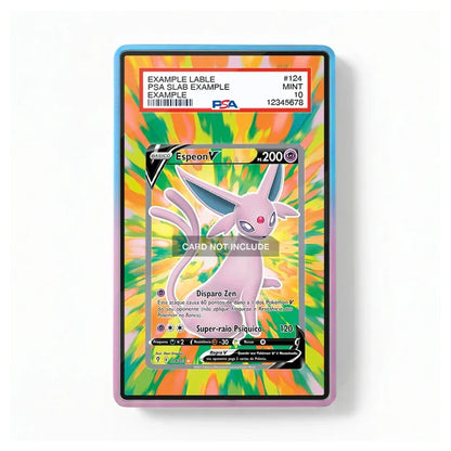 A collectible holographic trading card featuring Eevee, displayed in a clear protective case with a blue-to-purple gradient border. The card has a vibrant green, yellow, and orange tie-dye background, a white top label, and a silver holographic border.