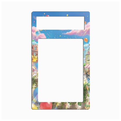 A decorative rectangular picture frame with rounded corners, featuring a colorful illustrated border of pastel clouds, balloons, buildings, and plants, with a large blank white center and a smaller horizontal white slot near the top.