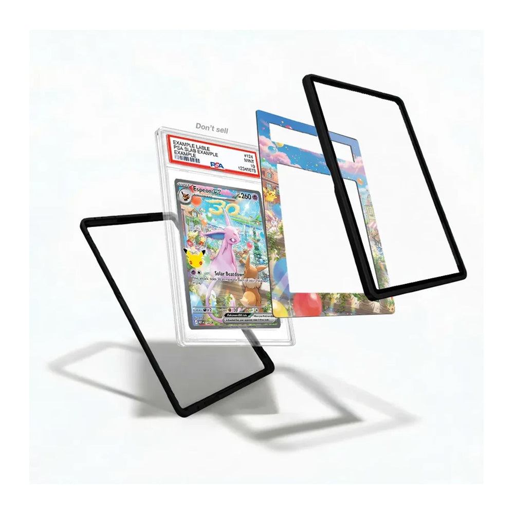 Three clear protective card sleeves with black borders are displayed on a white background, with a graded Pokémon TCG booster card and a colorful card insert shown inside the center sleeve to demonstrate use.
