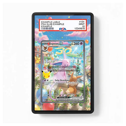 A PSA graded sample Pokémon trading card slab showing an Espeon card, with the PSA label visible at the top and a black display frame around the slab on a white background.
