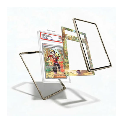 A transparent acrylic display card frame with a gold-toned metal border, shown in multiple angles around a graded trading card. The product is displayed on a clean white background with soft shadows.