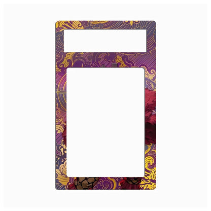 A decorative rectangular frame or border with a large blank center cutout and a smaller horizontal cutout near the top, featuring an ornate purple, gold, and burgundy patterned design on a light gray background.