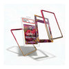 Three decorative transparent phone cases with metallic rose gold and gold borders are displayed floating around a graded collectible card on a clean white background.