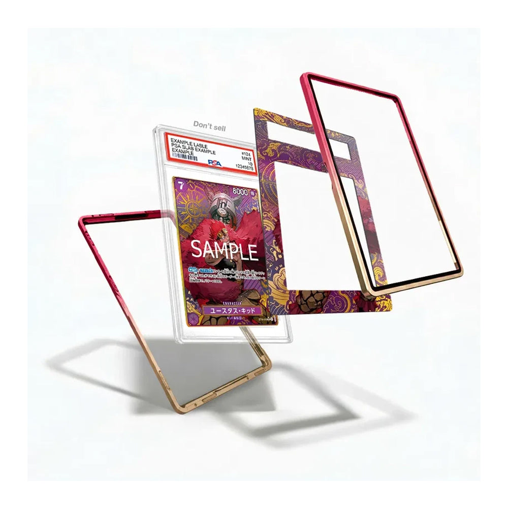 Three decorative transparent phone cases with metallic rose gold and gold borders are displayed floating around a graded collectible card on a clean white background.