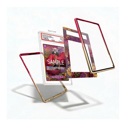 Three decorative transparent phone cases with metallic rose gold and gold borders are displayed floating around a graded collectible card on a clean white background.