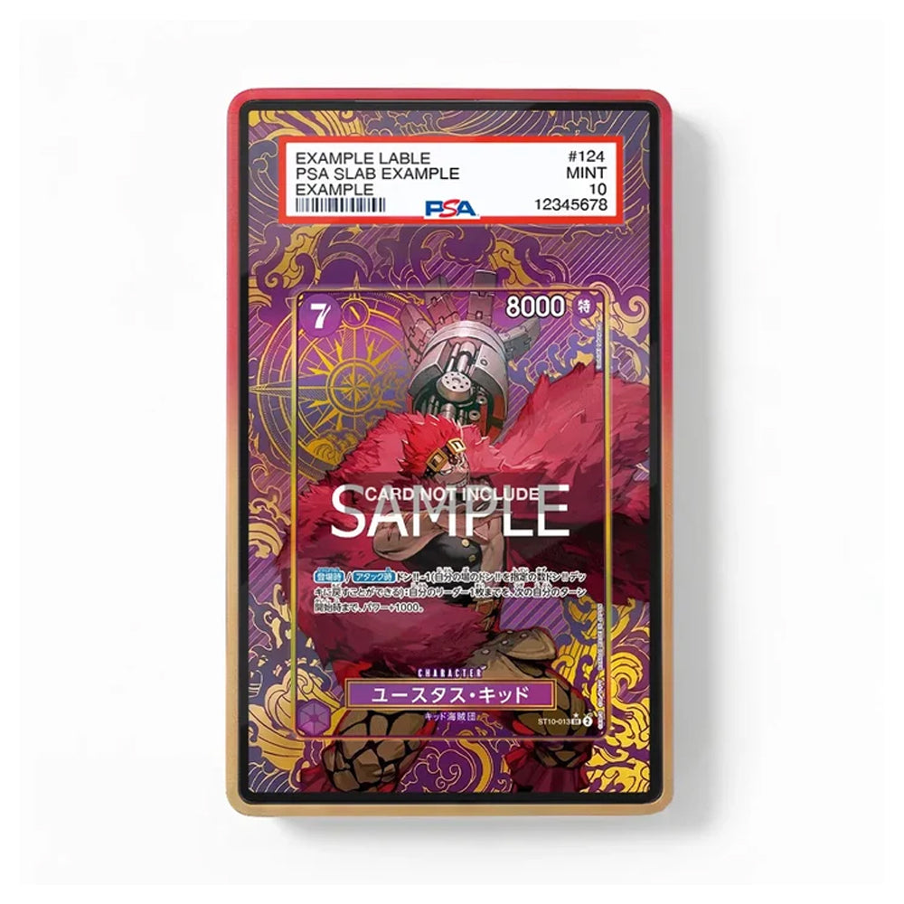 A PSA graded collectible card slab showing a Japanese trading card with an illustrated character on a purple and red background, with a red outer slab border and a white PSA label at the top.