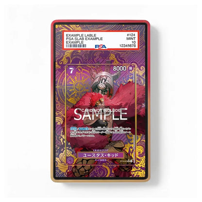 A PSA graded collectible card slab showing a Japanese trading card with an illustrated character on a purple and red background, with a red outer slab border and a white PSA label at the top.