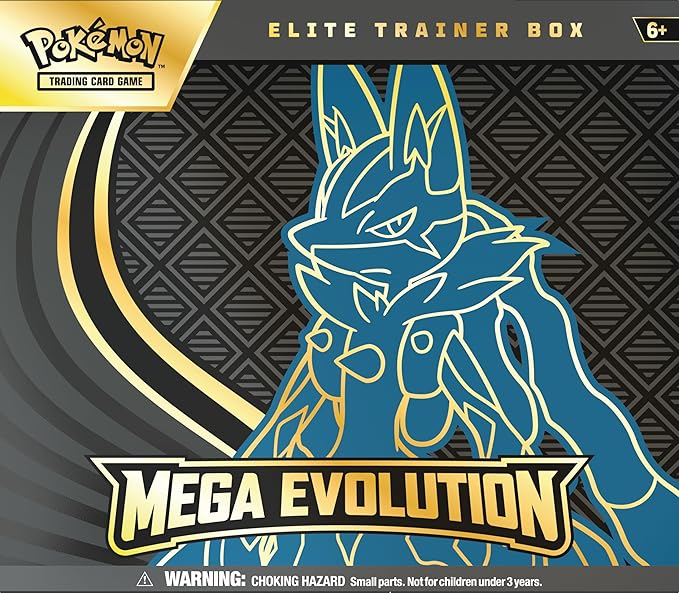 Pokémon Elite Trainer Box with Mega Evolution design on a black and gold background