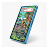 A blue metallic slim card case shown at an angle on a light gray background, displaying a colorful sample card insert inside a phone-like mockup.